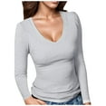 thumbnail image 1 of Fiaer,Deep V Neck Sexy Cropped T Shirts for Women,Women's Slim Fit Long Sleeve Tshirts,Ladies Solid Color Trendy Tops Grey1 M, 1 of 4
