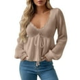 thumbnail image 1 of Fiaer Deep V Neck Sweater for Women Lace up Ruffle Hem Knitted Long Sleeve Loose Fit Comfy Casual Fashion Tops Khaki M, 1 of 5