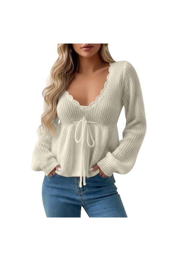 Deep V Neck Sweater for Women Lace up Ruffle Hem Knitted Long Sleeve Loose Fit Comfy Casual Fashion Tops White M