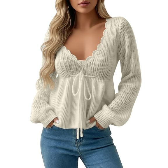 Fiaer Deep V Neck Sweater for Women Lace up Ruffle Hem Knitted Long Sleeve Loose Fit Comfy Casual Fashion Tops White S