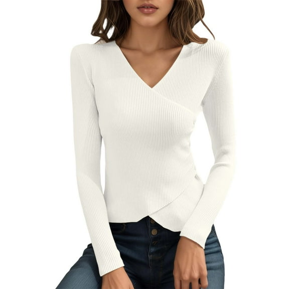 Fiaer Deep V Neck Sweaters for Women Trendy Long Sleeve Solid Slim Fit Twsit Knot Stretchy Knit Cropped Tops White1 One Size