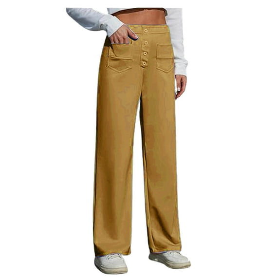 Fiaer,Dress Pants Women,Work Pants Women,Womens Oversized Straight Leg High Waisted Trendy Business Solid Button Decor Trousers with Pocket Yellow XL