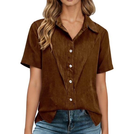 Fiaer Dressy Casual Linen Shirts for Women Spring Button down Short Sleeve Work Blouse Trendy Plus Size Collared Business Tunic Tops Brown M