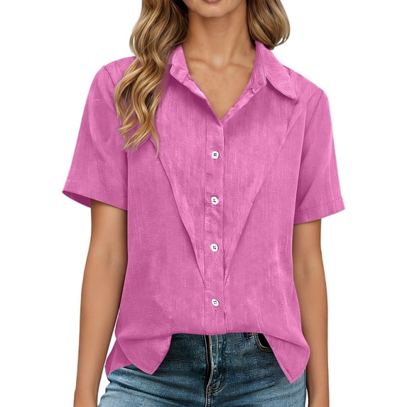 Fiaer Dressy Casual Linen Shirts for Women Spring Button down Short Sleeve Work Blouse Trendy Plus Size Collared Business Tunic Tops Pink XXL