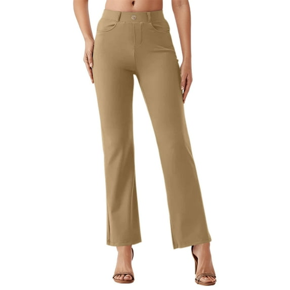 Fiaer,Dressy Plus Size Pants for Women,Womens Straight Leg Work Trousers,Women Elastic Waisted Business Joggers with Pockets Khaki1 XXL