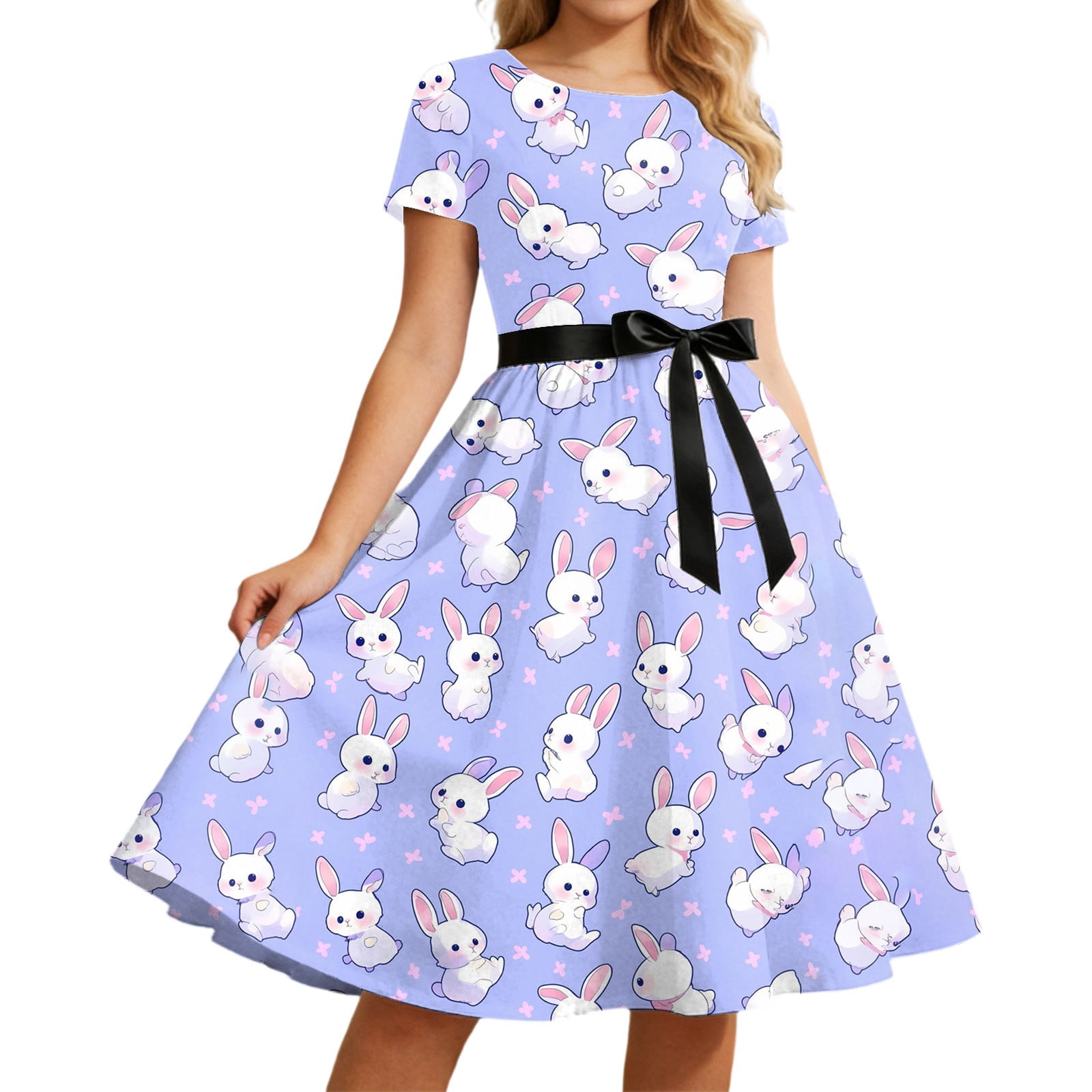 Fiaer Easter A-Line Dresses for Women Short Sleeve Crew Neck Dress ...