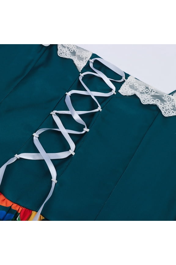 Easter A-Line Long Sleeve Dresses for Women Lace Trim Squared Neck Maxi Dresses Lace up Back Club Party Clothing Navy M