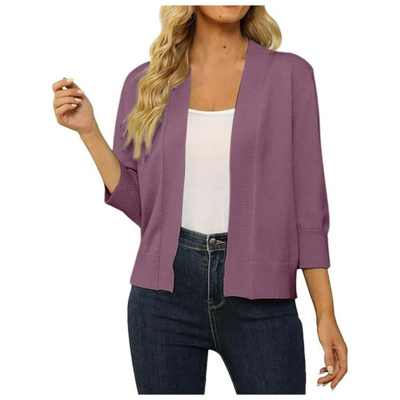 Fiaer Elegant Simple Knitted Cardigan Sweaters For Women 3/4 Sleeve Loose Fit Solid Color Casual Trendy Tops Purple XL