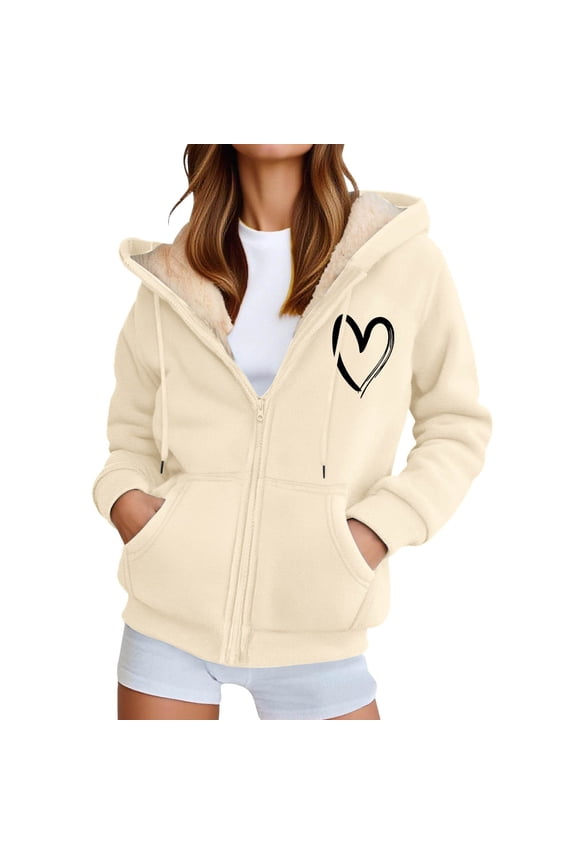 Fall Hoodies for Women Oversized Long Sleeve Full Zip up Warm Heart Graphic Hooded Sweatshirts Drawstring Relax Fit Pocket Tops Beige XXL