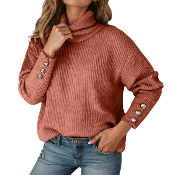 Fiaer Fall Oversized Sweaters for Women Trendy Long Sleeve Turtleneck Loose Fit Casual Trendy Solid Color Warm Knit Tops with Button Brick Red XL