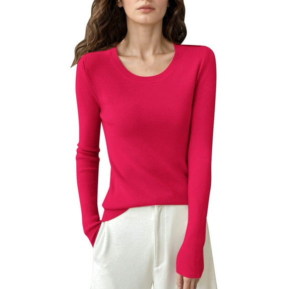 Fiaer Fall Sweaters for Women Plus Size Crew Neck Long Sleeve Lightweight Slim Fit Solid Knit Tops Hot Pink M