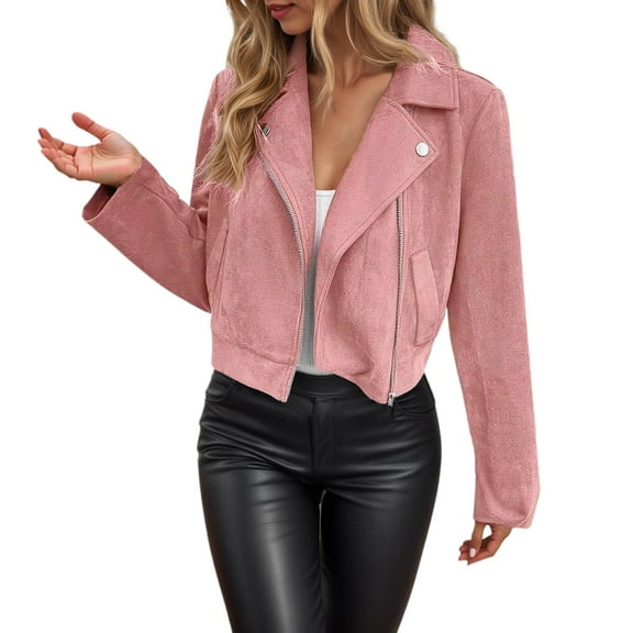 Fiaer Leather Cropped Jackets for Women Zipper up Plus Size Lapel Collared Long Sleeve Trendy Moto Tops Pink S