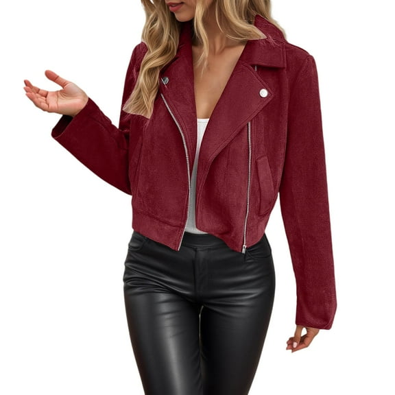 Fiaer Leather Cropped Jackets for Women Zipper up Plus Size Lapel Collared Long Sleeve Trendy Moto Tops M