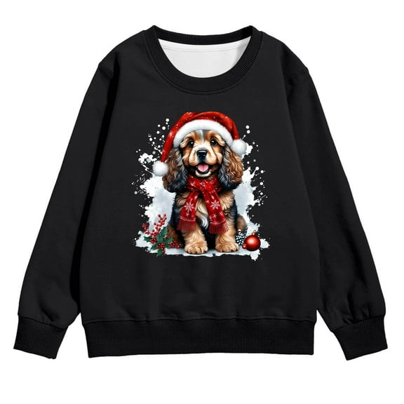 Fiaer Festive Girls Pullover Christmas Tree Print Long Sleeve Crewneck Sweatshirt Soft Casual Winter Top Kids Toddler 03-Black 120