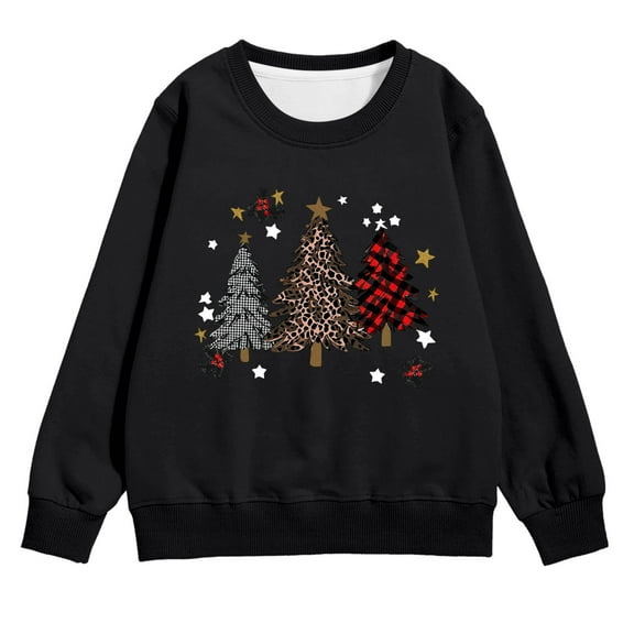 Fiaer Festive Girls Pullover Christmas Tree Print Long Sleeve Crewneck Sweatshirt Soft Casual Winter Top Kids Toddler 05-Black 80