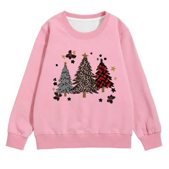 Fiaer Festive Girls Pullover Christmas Tree Print Long Sleeve Crewneck Sweatshirt Soft Casual Winter Top Kids Toddler 05-Pink 80