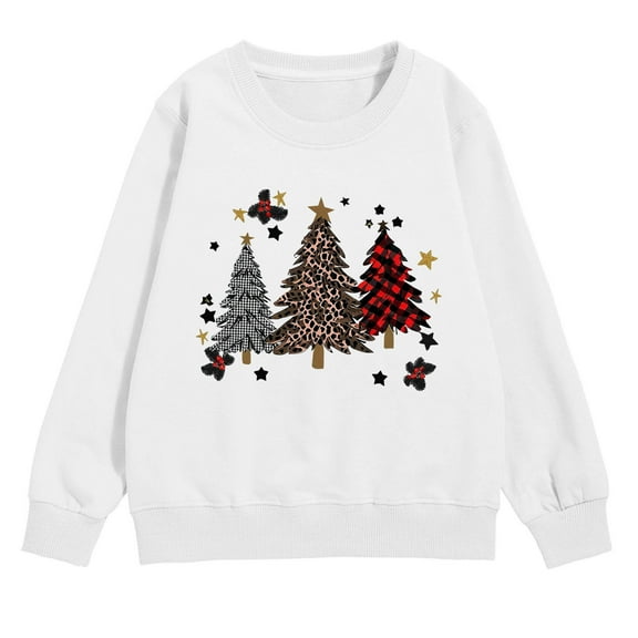 Fiaer Festive Girls Pullover Christmas Tree Print Long Sleeve Crewneck Sweatshirt Soft Casual Winter Top Kids Toddler 05-White 90