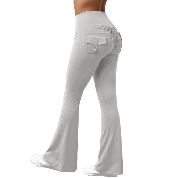 Fiaer Flare Leggings for Women with Pocket Yoga Cargo High Waisted Pants Stretchy Trendy Tummy Control Workout Trousers Grey L