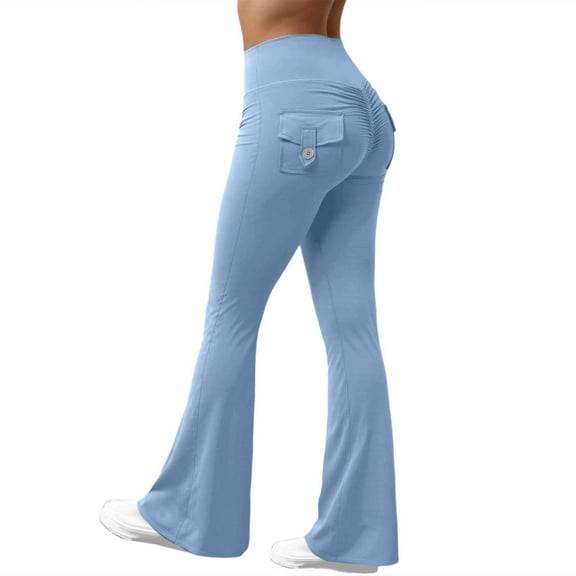 Fiaer Flare Leggings for Women with Pocket Yoga Cargo High Waisted Pants Stretchy Trendy Tummy Control Workout Trousers Light Blue M