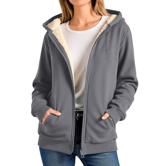 Fiaer Fleece Hoodies for Women Full Zip up Hooded Jacket Long Sleeve Warm Solid Color Sweatshirts Loose Fit Casual Trendy Tops with Pocket Grey XXL