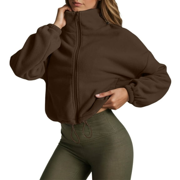 Fiaer Jacket Women Plus Size Cropped Sweatshirts Full Zip up Drawstring Lapel Collared Warm Thermal Tops Coffee XXL