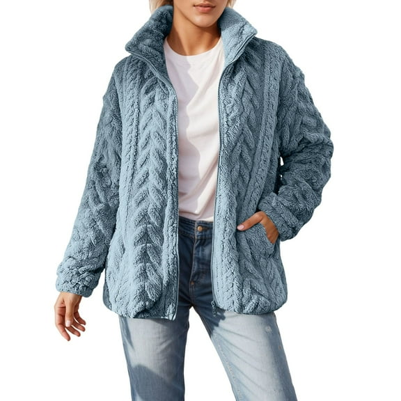 Fiaer Jacket Women Warm Thermal Thickened Sweatshirts Full Zip up Plus Size Lapel Collared Loose Fit Trendy Tops with Pocket Blue XL