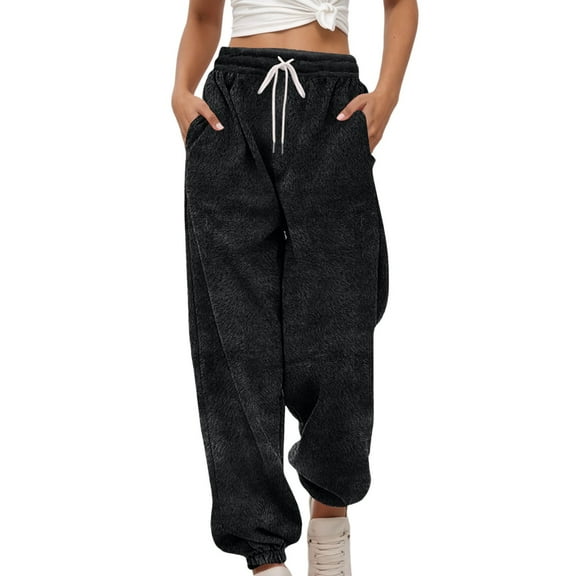 Fiaer Sweatpants Women Plus Size Baggy Thermal Pants Black Trendy High Waisted Warm Drawstring Pocket Trousers Black S