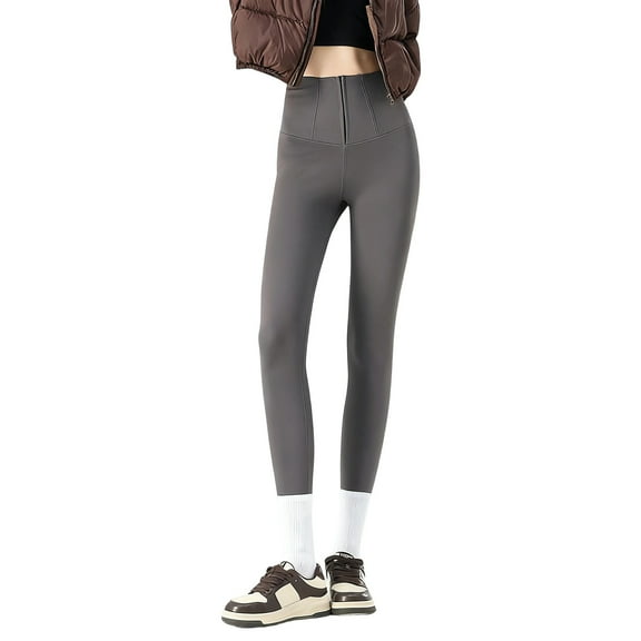 Fiaer Front Zip up Lined Leggings Women Tummy Control Thermal Yoga Pants Oversized Warm Thickened Tight Trousers for Winter Wear Grey M