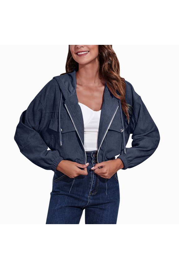 ,Full Zip Drawstring Cropped Jackets for Women,Womens Casual Trendy Loose Fit Hooded Shirts,Ladies Solid Color Comfy Tops with 2 Pockets Navy M