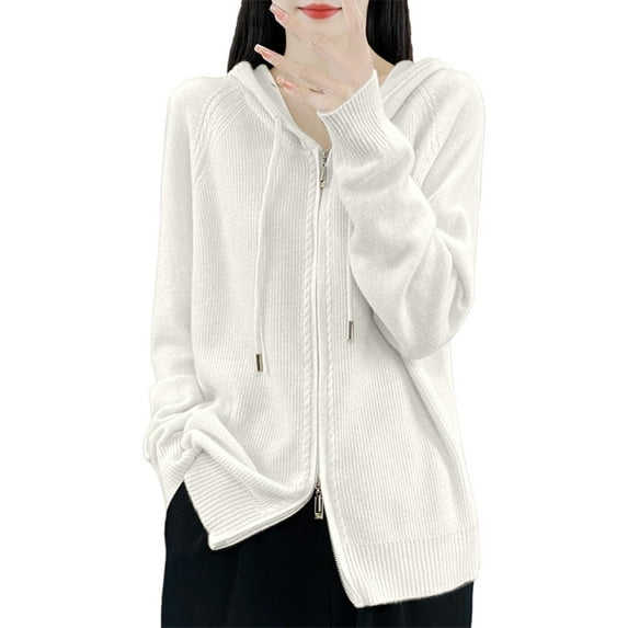 Fiaer.Full Zip Long Sleeve Knit Hooded Cardigan for Women.Women's Plus Size Casual Trendy Loose Fit Going out Drawstring Tops White XXL