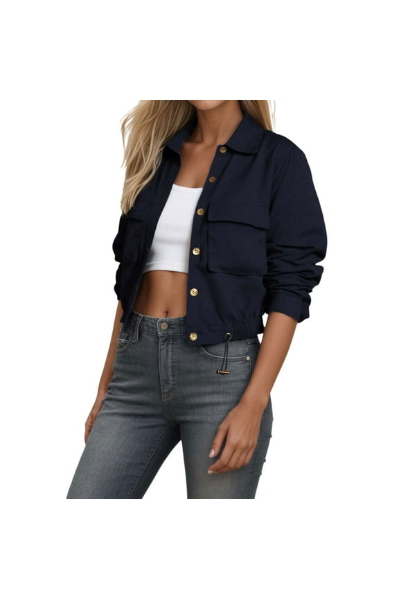,Full Zip Oversized Cropped Jackets for Women,Womens Long Sleeve Drawstring Loose Fit Shirts,Women's Casual Trendy Pure Lapel Collared Tops with Pockets Blue XXXL