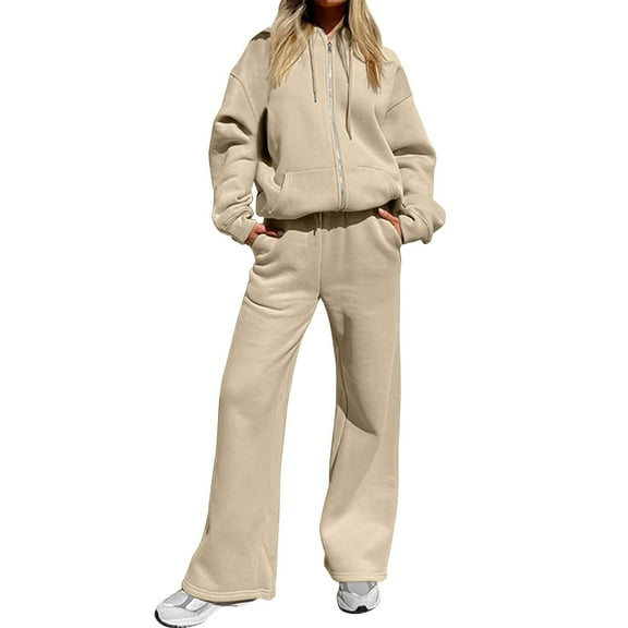 Fiaer,Full Zip Oversized Hooded Sweatsuits Sets for Women,Drawstring Hoodies and Lace up Palazzo Pants 2 Piece,Womens Loose Fit Casual Trendy Tracksuits Sets Khaki XXL