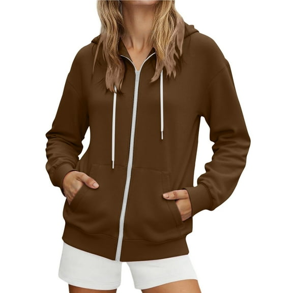 Fiaer,Full-Zip Plus Size Hoodies for Women,Womens Long Sleeve Drawstring Loose Fit Trendy Hooded Sweatshirts with 2 Pockets Coffee M