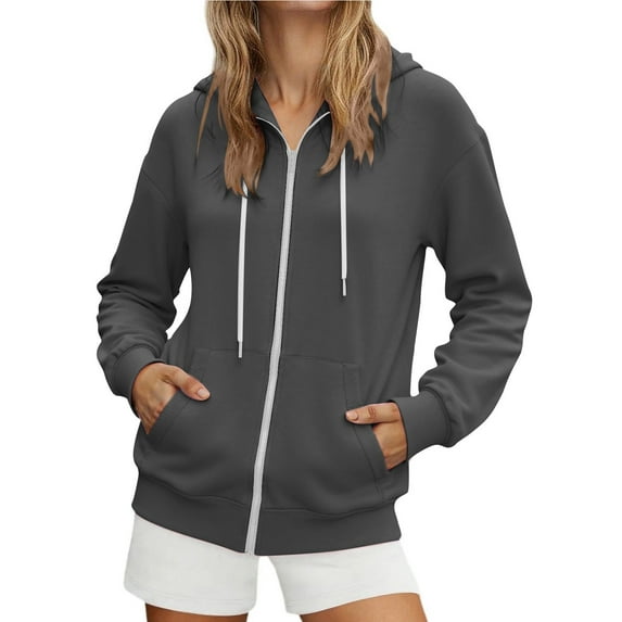 Fiaer,Full-Zip Plus Size Hoodies for Women,Womens Long Sleeve Drawstring Loose Fit Trendy Hooded Sweatshirts with 2 Pockets Dark Gray XL