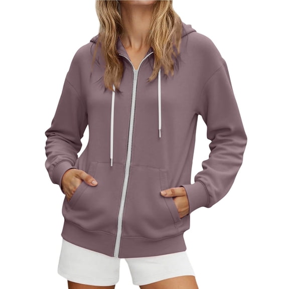 Fiaer,Full-Zip Plus Size Hoodies for Women,Womens Long Sleeve Drawstring Loose Fit Trendy Hooded Sweatshirts with 2 Pockets Light Purple XXL