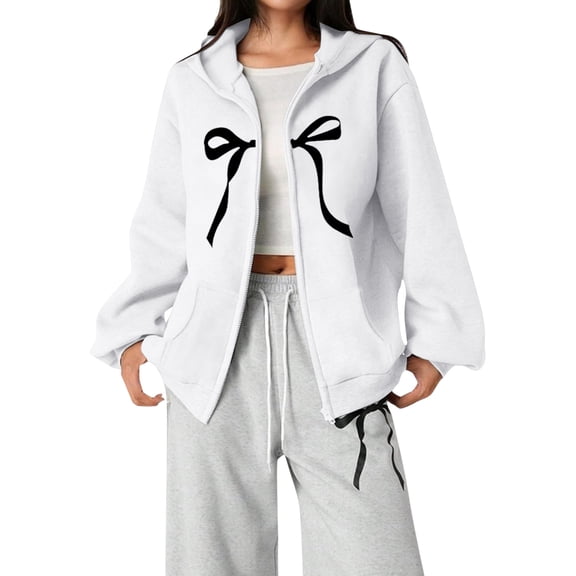 Fiaer Girl's Bow Zip up Hoodie Sweatshirts Drop Shoulder Athletic Jacket with Pockets,Size 3-12 Years White 90