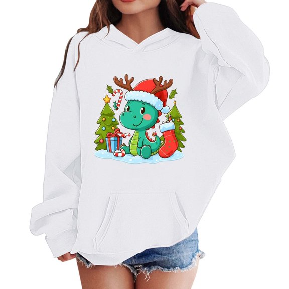 Fiaer Girls Christmas Hoodie Dino with Santa Hat Tree Lights Graphic Pullover Soft Long Sleeve Sweatshirt Holiday 01-White 110