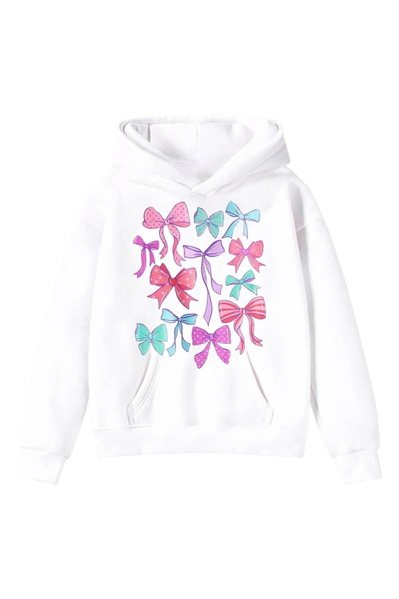 Girls Cute Bow Print Hoodie Comfy Preppy Hooded Sweatshirt with Pocket,Size 2-13 Years White 160