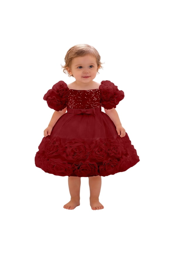 Girls Tutu Dress with 3D Floral Flower Girl Dresses for Easter Wedding Birthday Graduation,Size 9M-3Y Wine 110