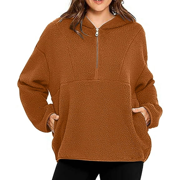 Fiaer,Half Zip Hoodies for Women,Womens Loose Fit Casual Hooded Sweatshirts,Women's Plus Size Long Sleeve V Neck Tops Brown M