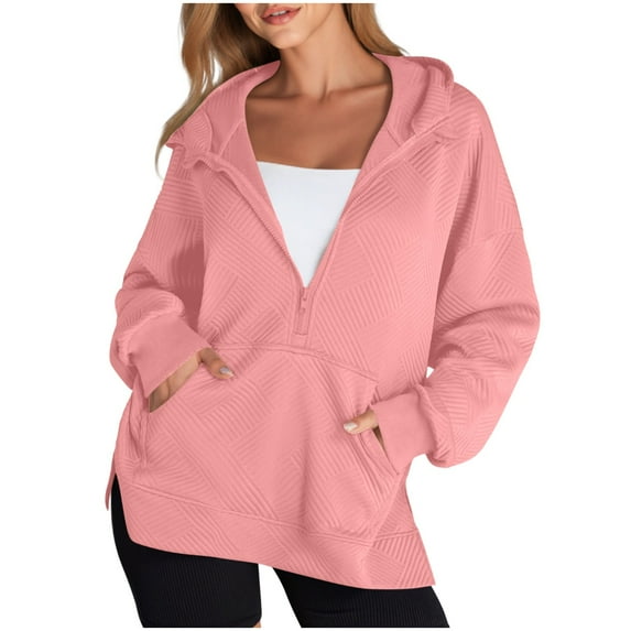 Fiaer,Half Zip Hoodies for Women,Womens Plus Size Loose Fit Casual Solid Color Hooded Sweatshirts Trendy Lightweight Hooded Pullovers Pink XXL