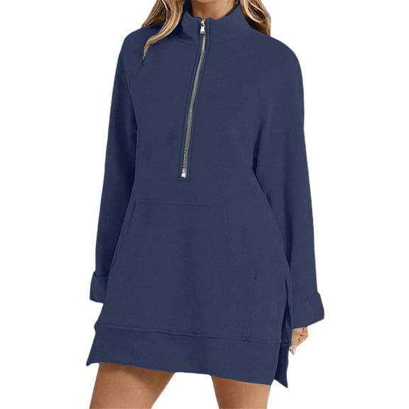 Fiaer,Half Zip Long Sweatshirt for Women Fall Winter Casual Long Sleeve V Neck Pullover Plus Size Loose Fit Side Split Tops with Pockets Dark Blue S
