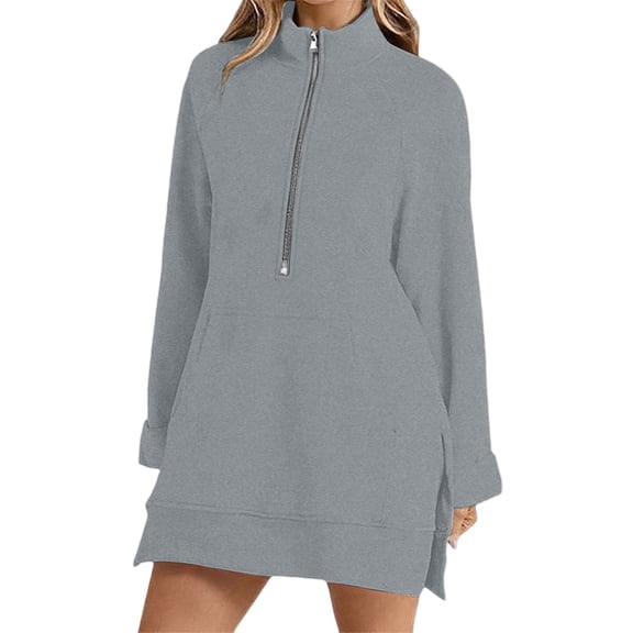 Fiaer,Half Zip Long Sweatshirt for Women Fall Winter Casual Long Sleeve V Neck Pullover Plus Size Loose Fit Side Split Tops with Pockets Grey XXL