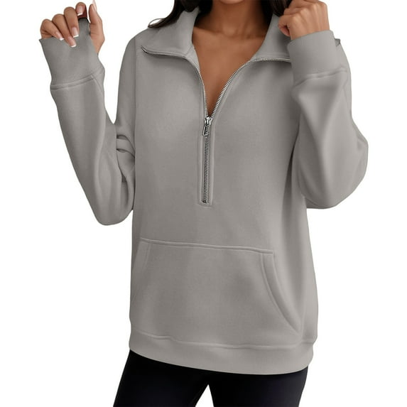 Fiaer,Half Zip Plus Size Sweatshirts for Women,Womens Loose Fit Casual Trendy Long Sleeve Lapel Collared V Neck Pullovers with Pocket Grey M