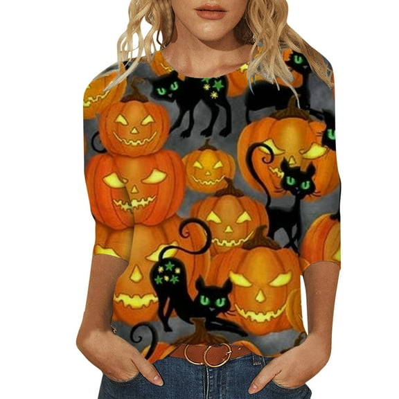 Fiaer,Halloween 3/4 Sleeve Womens Tops,Women's Oversized Halloween Printed T Shirts,Ladies Crew Neck Loose Fit Trendy Tshirts Grey XL