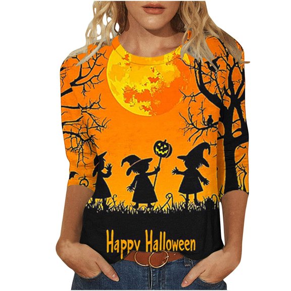 Fiaer,Halloween 3/4 Sleeve Womens Tops,Women's Oversized Halloween Printed T Shirts,Ladies Crew Neck Loose Fit Trendy Tshirts Orange XXXXXL
