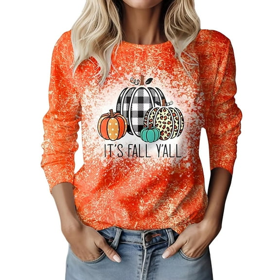 Fiaer,Halloween 3/4 Sleeve Womens Tops,Women's Oversized Halloween Printed T Shirts,Ladies Crew Neck Loose Fit Trendy Tshirts Orange1 L