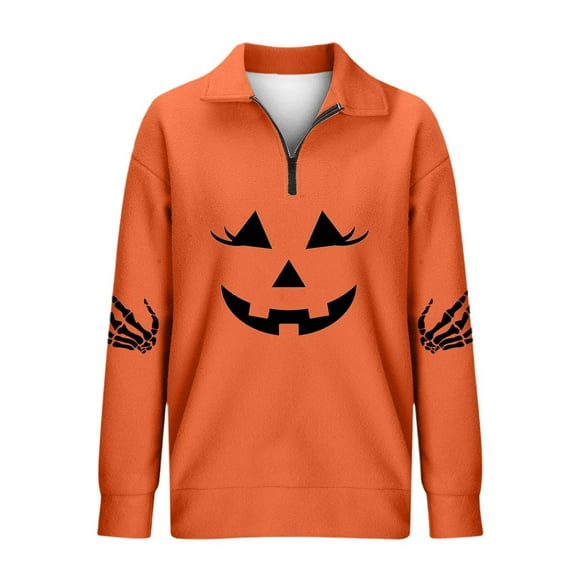 Fiaer,Halloween Quarter Zip Oversized Sweatshirts for Women,Womens Loose Fit Long Sleeve Lapel Collared Casual Trendy Color Blocking Pullover Orange S