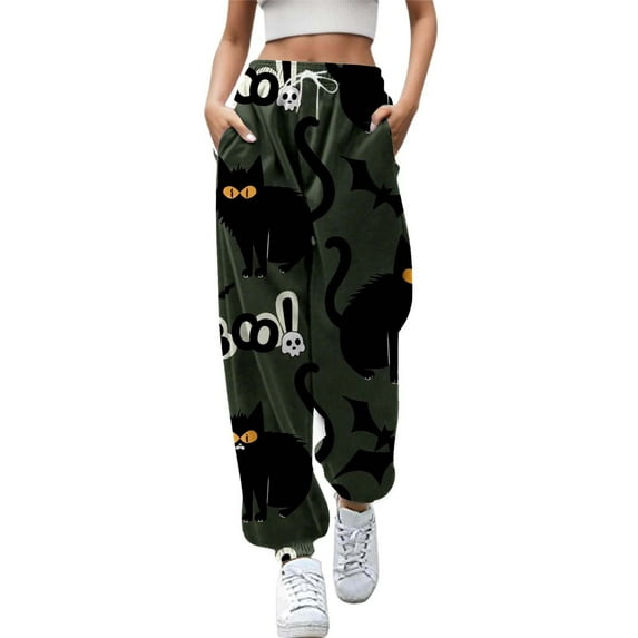 Fiaer,Halloween Sweatpants for Women High Waisted Active Joggers Plus Size Pants Baggy Lounge Bottoms with Pockets Black L
