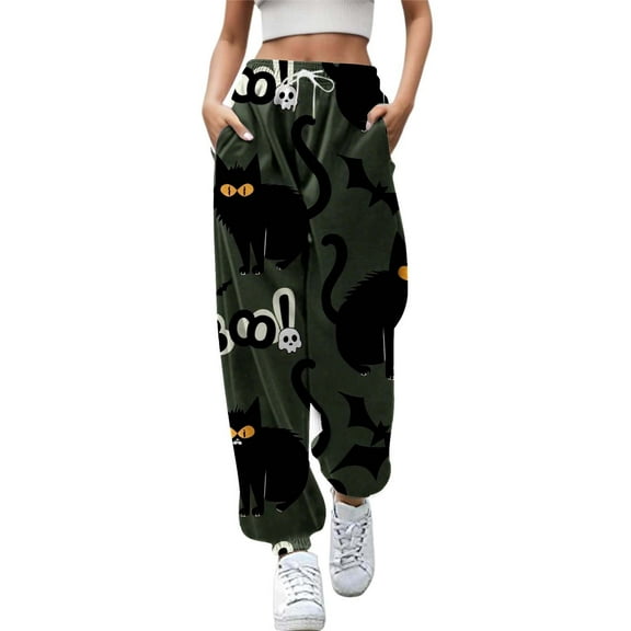 Fiaer,Halloween Sweatpants for Women High Waisted Active Joggers Plus Size Pants Baggy Lounge Bottoms with Pockets Black S